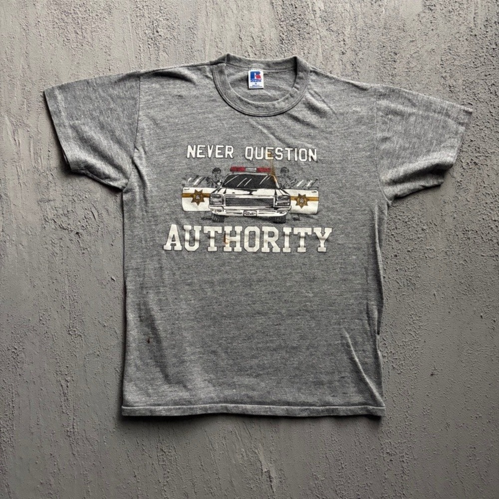 Vintage Never Question Authority Shirt Medium Grey 1980s Russell Athletic